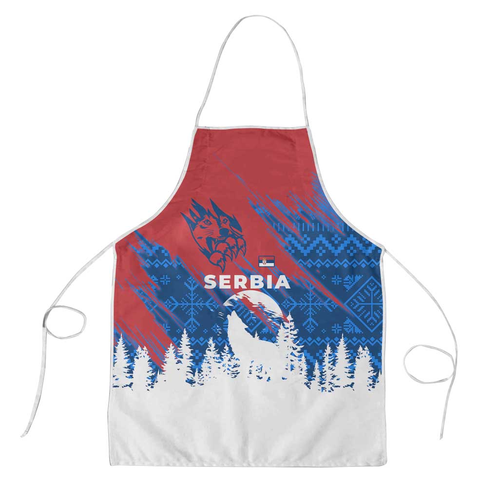 Serbia Christmas Apron with Wolf Howling Moon Serbian Flag and Red Blue White Winter Forest Pattern Design - Wonder Print Shop