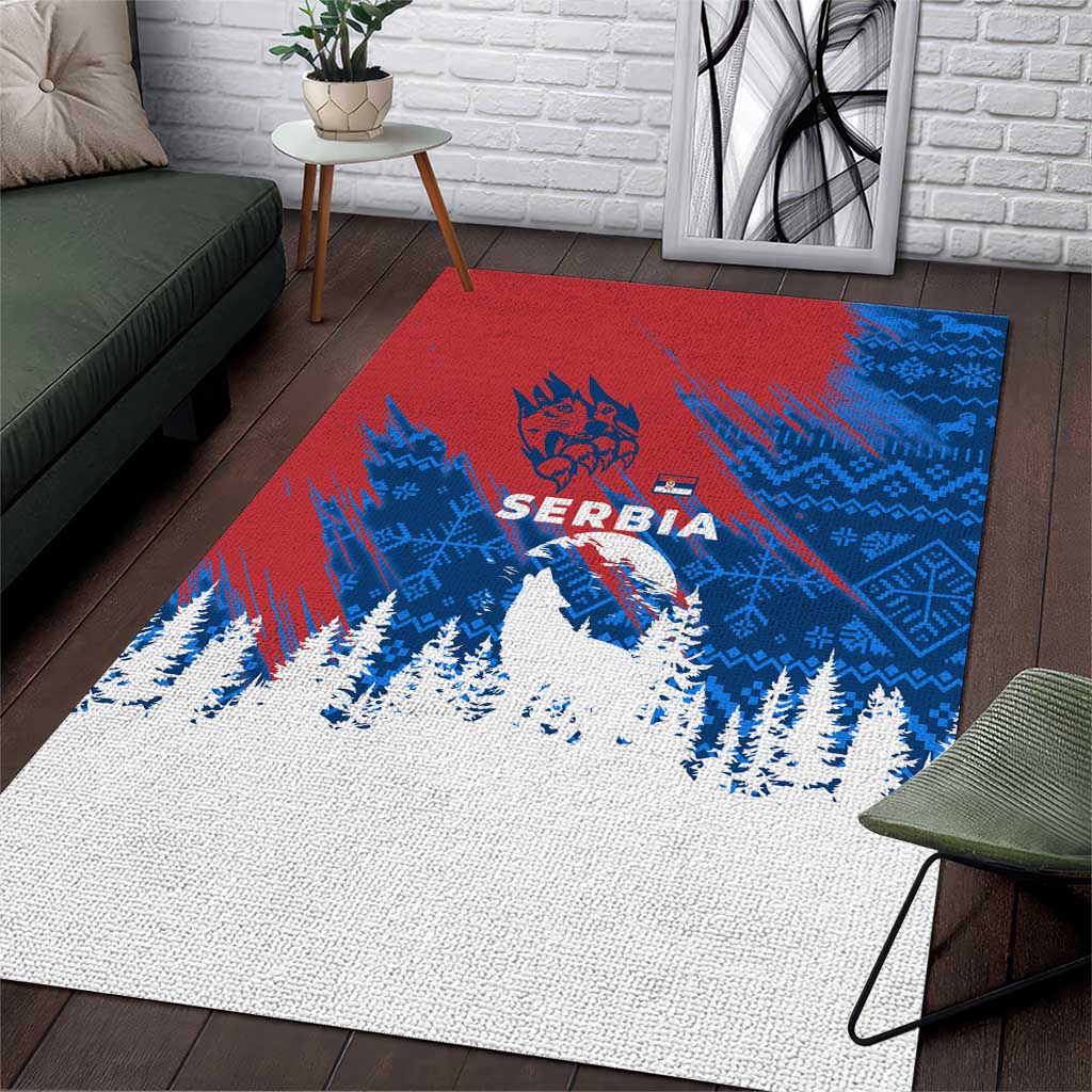Serbia Christmas Area Rug with Wolf Howling Moon Serbian Flag and Red Blue White Winter Forest Pattern Design - Wonder Print Shop
