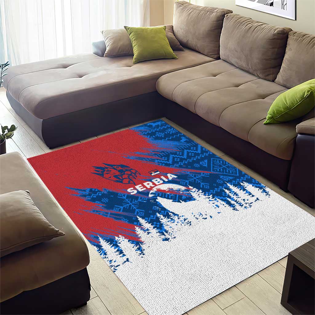 Serbia Christmas Area Rug with Wolf Howling Moon Serbian Flag and Red Blue White Winter Forest Pattern Design - Wonder Print Shop