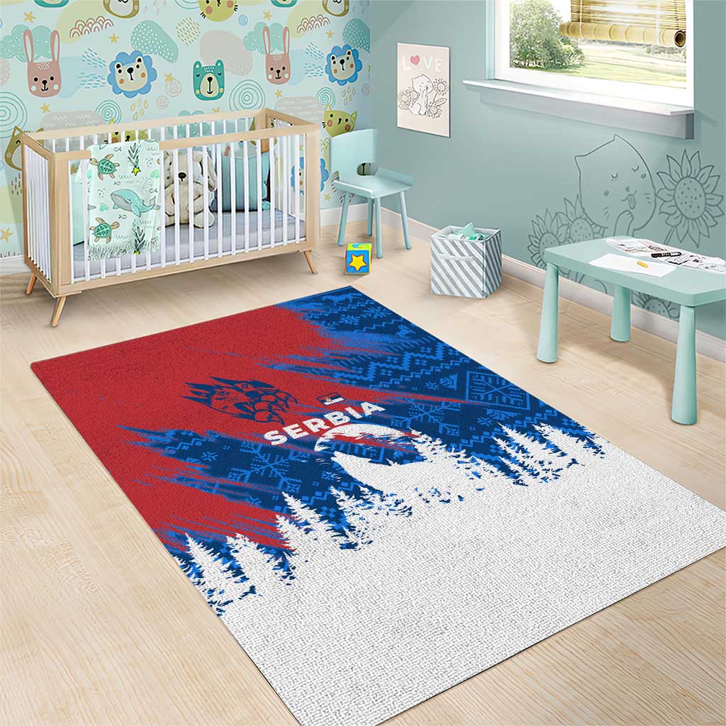 Serbia Christmas Area Rug with Wolf Howling Moon Serbian Flag and Red Blue White Winter Forest Pattern Design - Wonder Print Shop