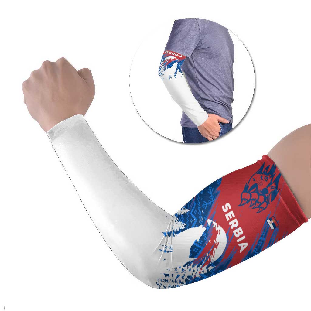 Serbia Christmas Arm Sleeves with Wolf Howling Moon Serbian Flag and Red Blue White Winter Forest Pattern Design - Wonder Print Shop