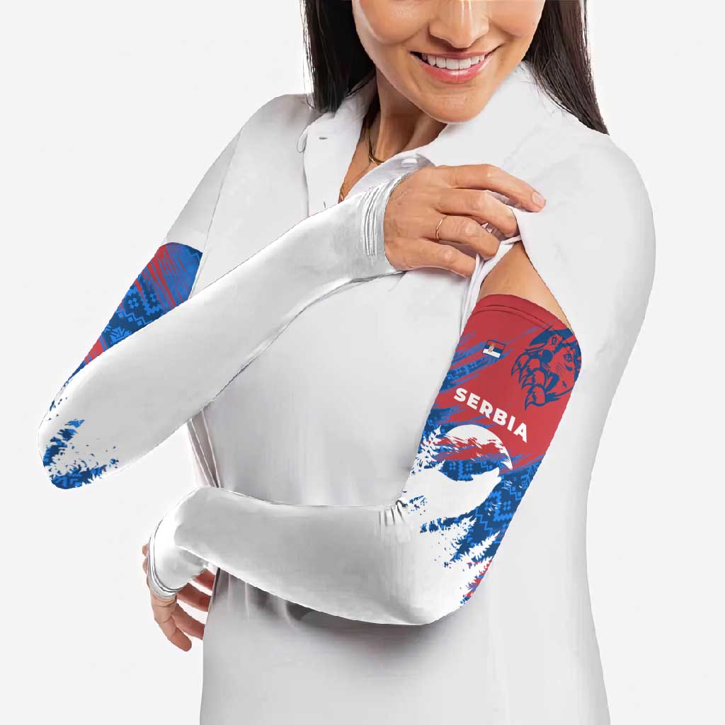 Serbia Christmas Arm Sleeves with Wolf Howling Moon Serbian Flag and Red Blue White Winter Forest Pattern Design - Wonder Print Shop
