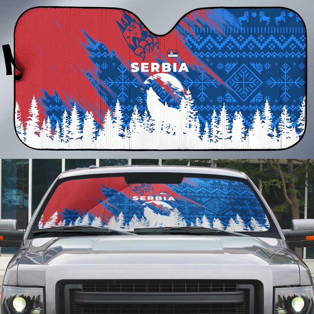 Serbia Christmas Auto Sun Shade with Wolf Howling Moon Serbian Flag and Red Blue White Winter Forest Pattern Design - Wonder Print Shop