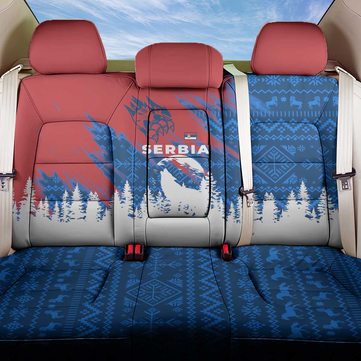 Serbia Christmas Back Car Seat Cover with Wolf Howling Moon Serbian Flag and Red Blue White Winter Forest Pattern Design - Wonder Print Shop