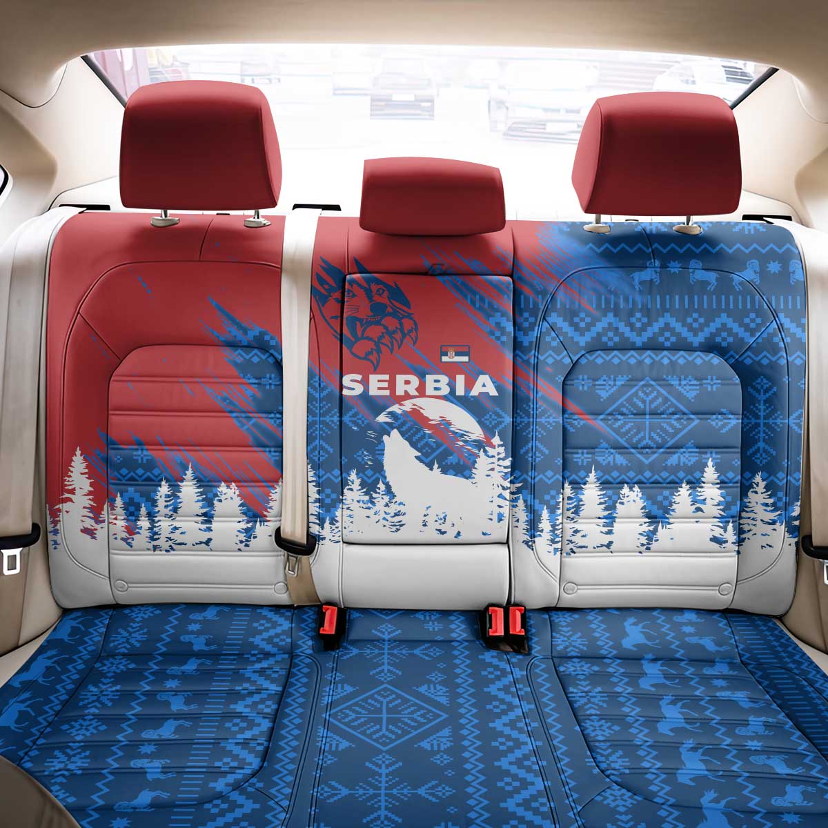 Serbia Christmas Back Car Seat Cover with Wolf Howling Moon Serbian Flag and Red Blue White Winter Forest Pattern Design - Wonder Print Shop