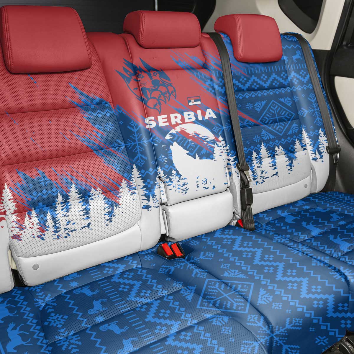 Serbia Christmas Back Car Seat Cover with Wolf Howling Moon Serbian Flag and Red Blue White Winter Forest Pattern Design - Wonder Print Shop