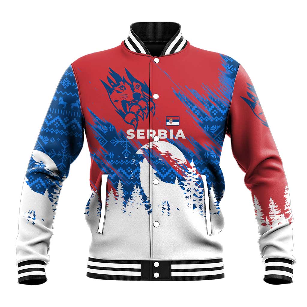 Serbia Christmas Baseball Jacket with Wolf Howling Moon Serbian Flag and Red Blue White Winter Forest Pattern Design - Wonder Print Shop