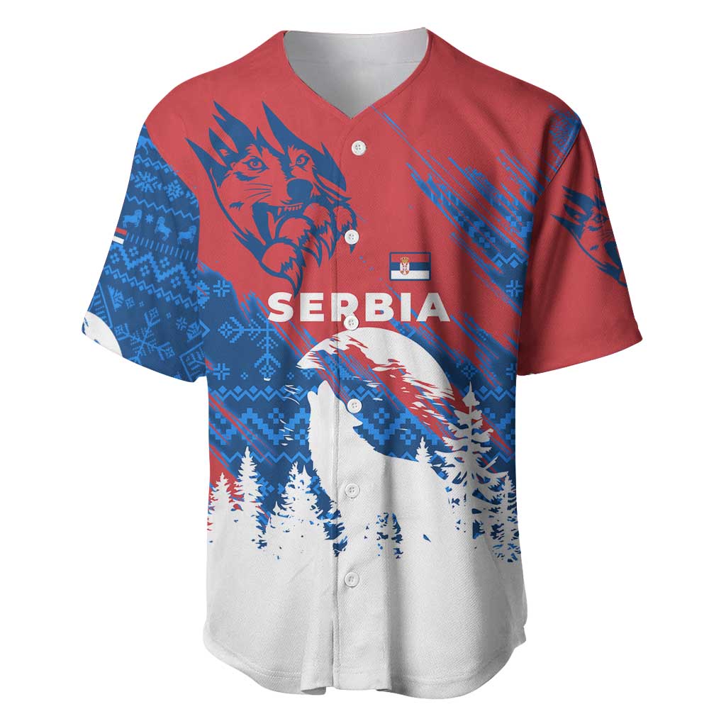 Serbia Christmas Baseball Jersey with Wolf Howling Moon Serbian Flag and Red Blue White Winter Forest Pattern Design - Wonder Print Shop