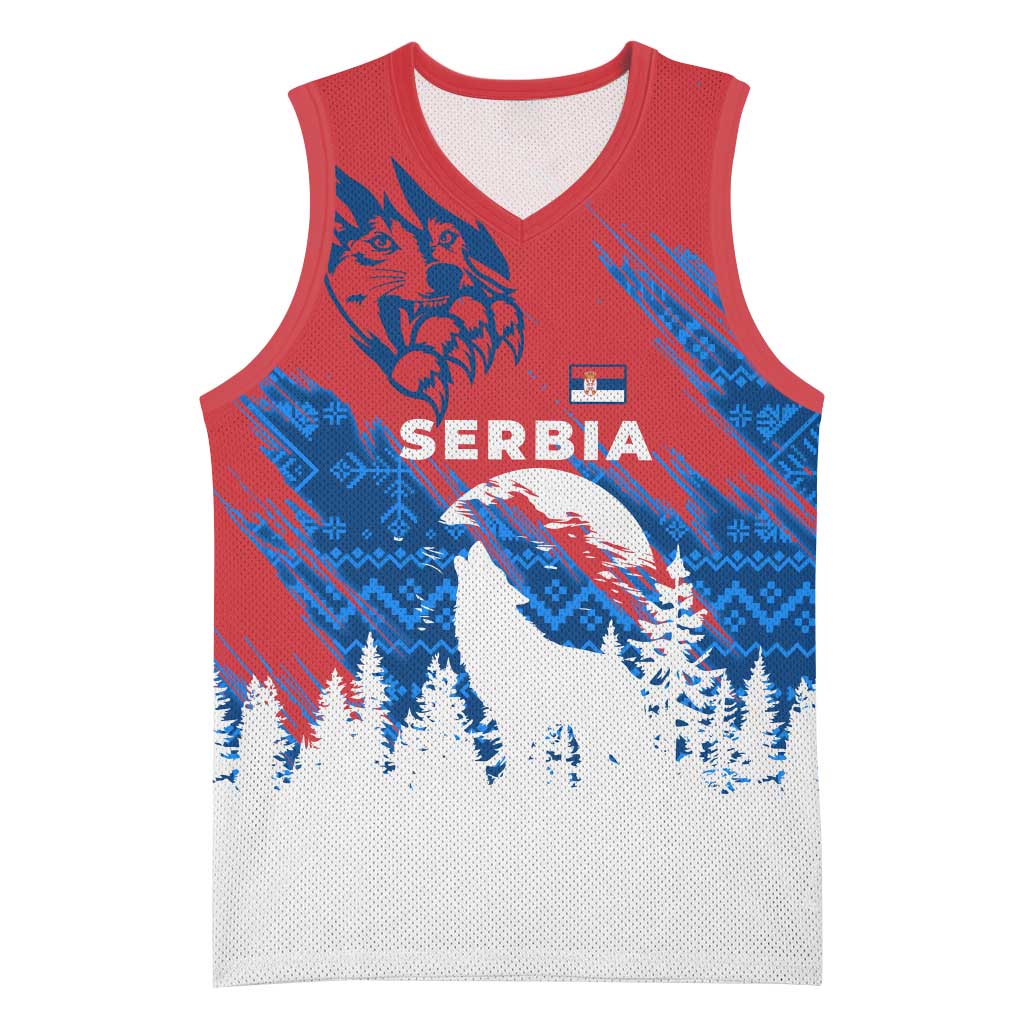 Serbia Christmas Basketball Jersey with Wolf Howling Moon Serbian Flag and Red Blue White Winter Forest Pattern Design - Wonder Print Shop