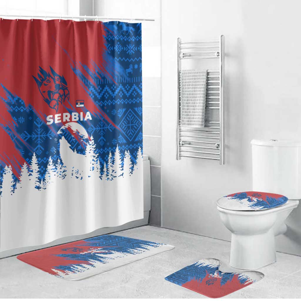 Serbia Christmas Bathroom Set with Wolf Howling Moon Serbian Flag and Red Blue White Winter Forest Pattern Design - Wonder Print Shop