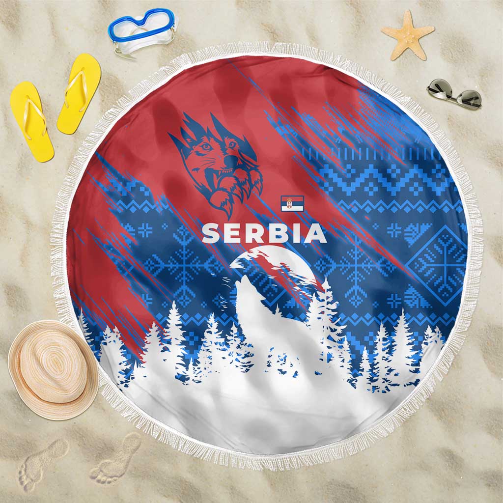 Serbia Christmas Beach Blanket with Wolf Howling Moon Serbian Flag and Red Blue White Winter Forest Pattern Design - Wonder Print Shop