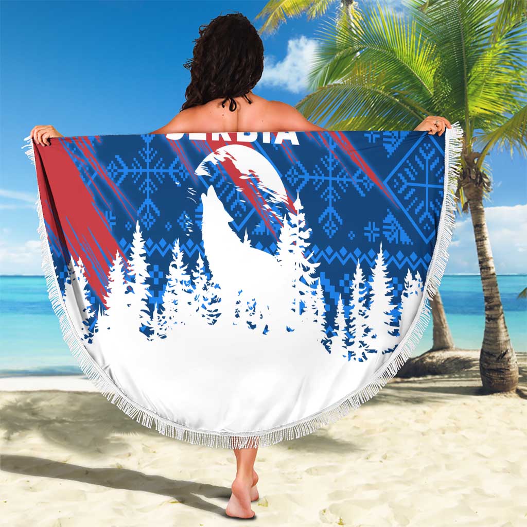 Serbia Christmas Beach Blanket with Wolf Howling Moon Serbian Flag and Red Blue White Winter Forest Pattern Design - Wonder Print Shop