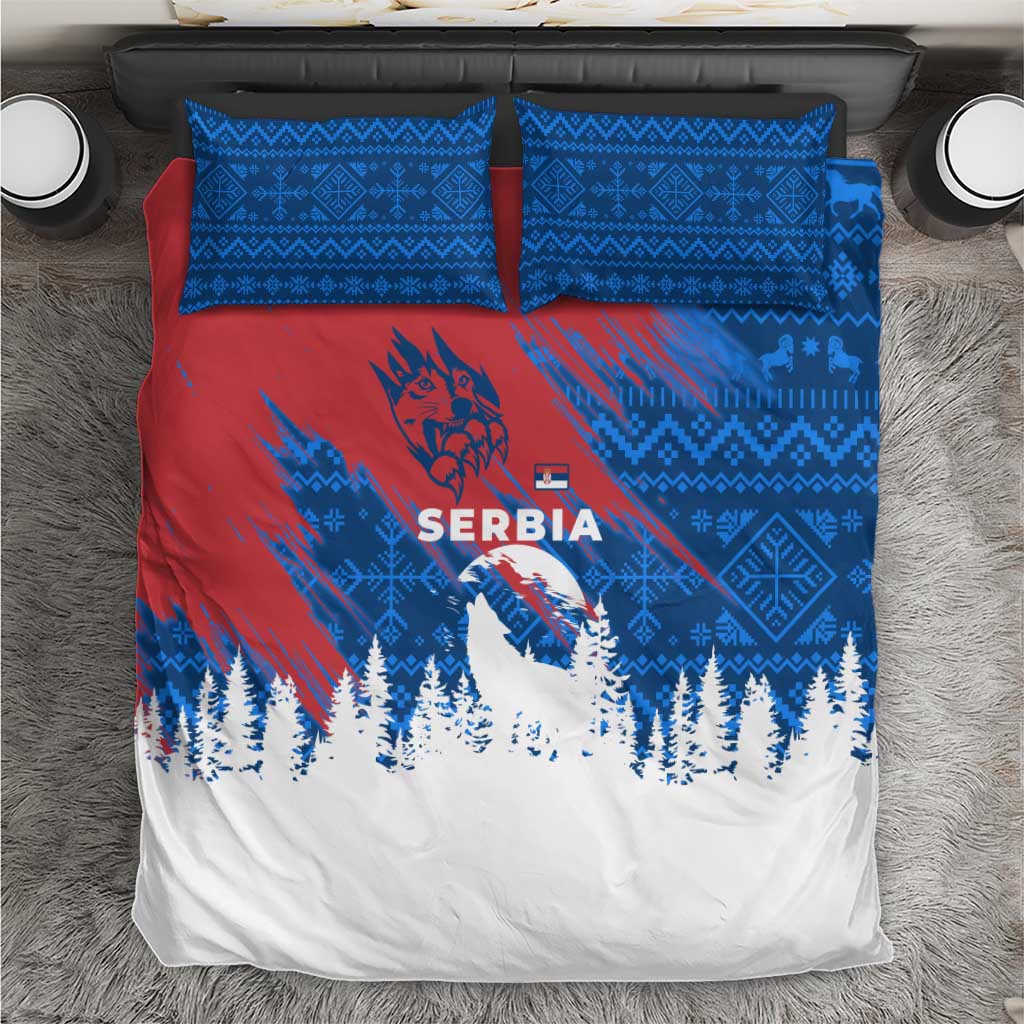 Serbia Christmas Bedding Set with Wolf Howling Moon Serbian Flag and Red Blue White Winter Forest Pattern Design - Wonder Print Shop