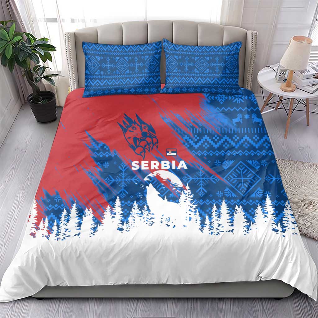Serbia Christmas Bedding Set with Wolf Howling Moon Serbian Flag and Red Blue White Winter Forest Pattern Design - Wonder Print Shop