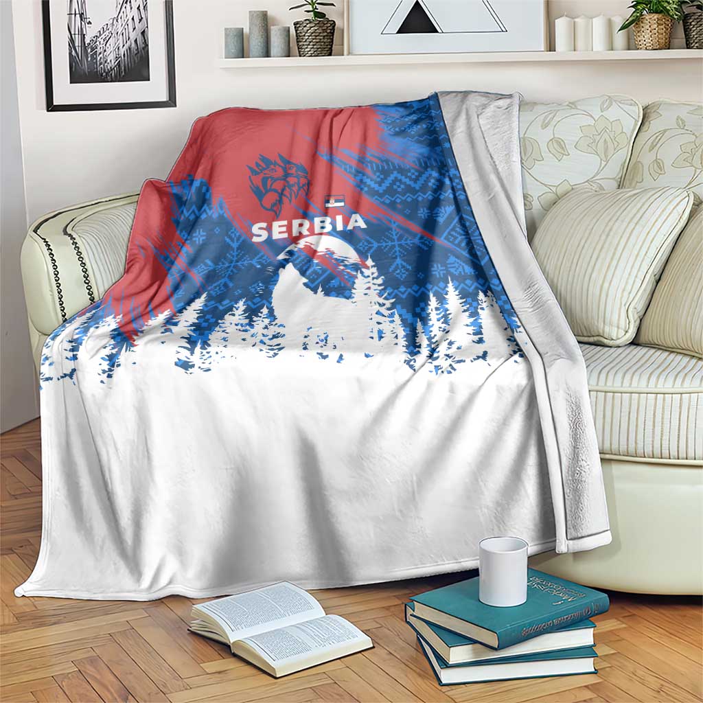 Serbia Christmas Blanket with Wolf Howling Moon Serbian Flag and Red Blue White Winter Forest Pattern Design - Wonder Print Shop