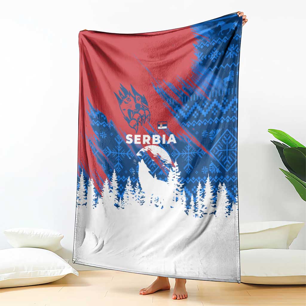 Serbia Christmas Blanket with Wolf Howling Moon Serbian Flag and Red Blue White Winter Forest Pattern Design - Wonder Print Shop
