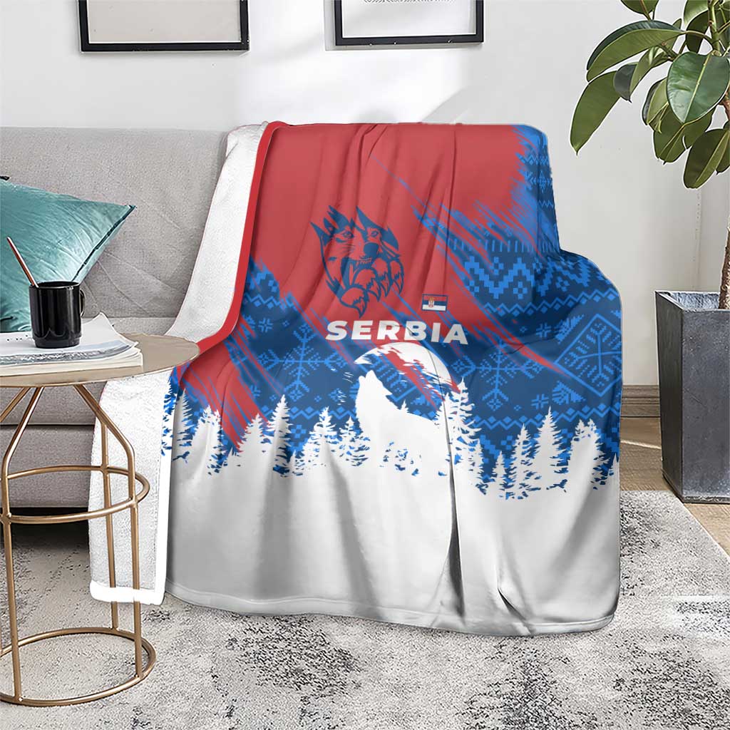 Serbia Christmas Blanket with Wolf Howling Moon Serbian Flag and Red Blue White Winter Forest Pattern Design - Wonder Print Shop