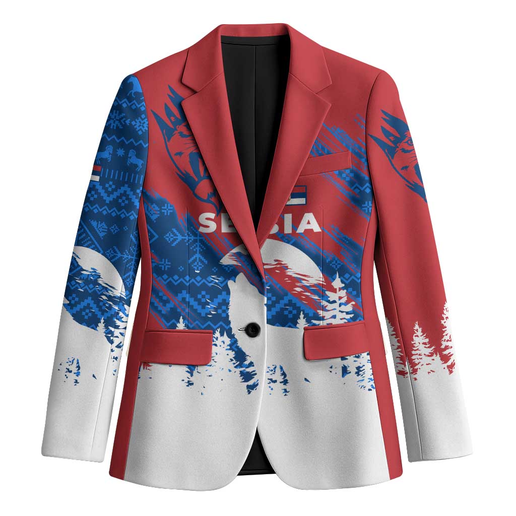 Serbia Christmas Blazer with Wolf Howling Moon Serbian Flag and Red Blue White Winter Forest Pattern Design - Wonder Print Shop