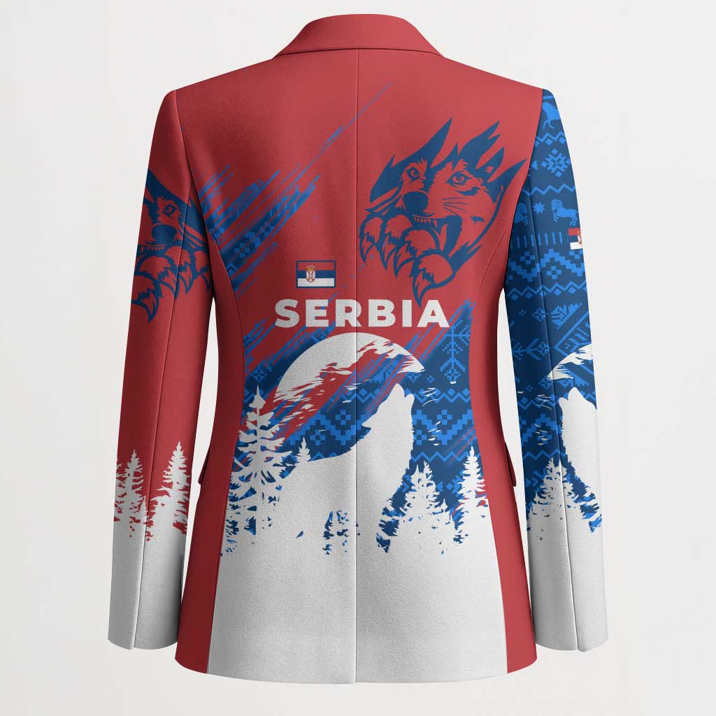 Serbia Christmas Blazer with Wolf Howling Moon Serbian Flag and Red Blue White Winter Forest Pattern Design - Wonder Print Shop