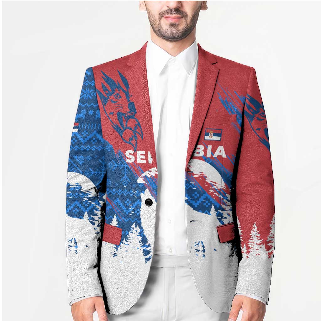 Serbia Christmas Blazer with Wolf Howling Moon Serbian Flag and Red Blue White Winter Forest Pattern Design - Wonder Print Shop