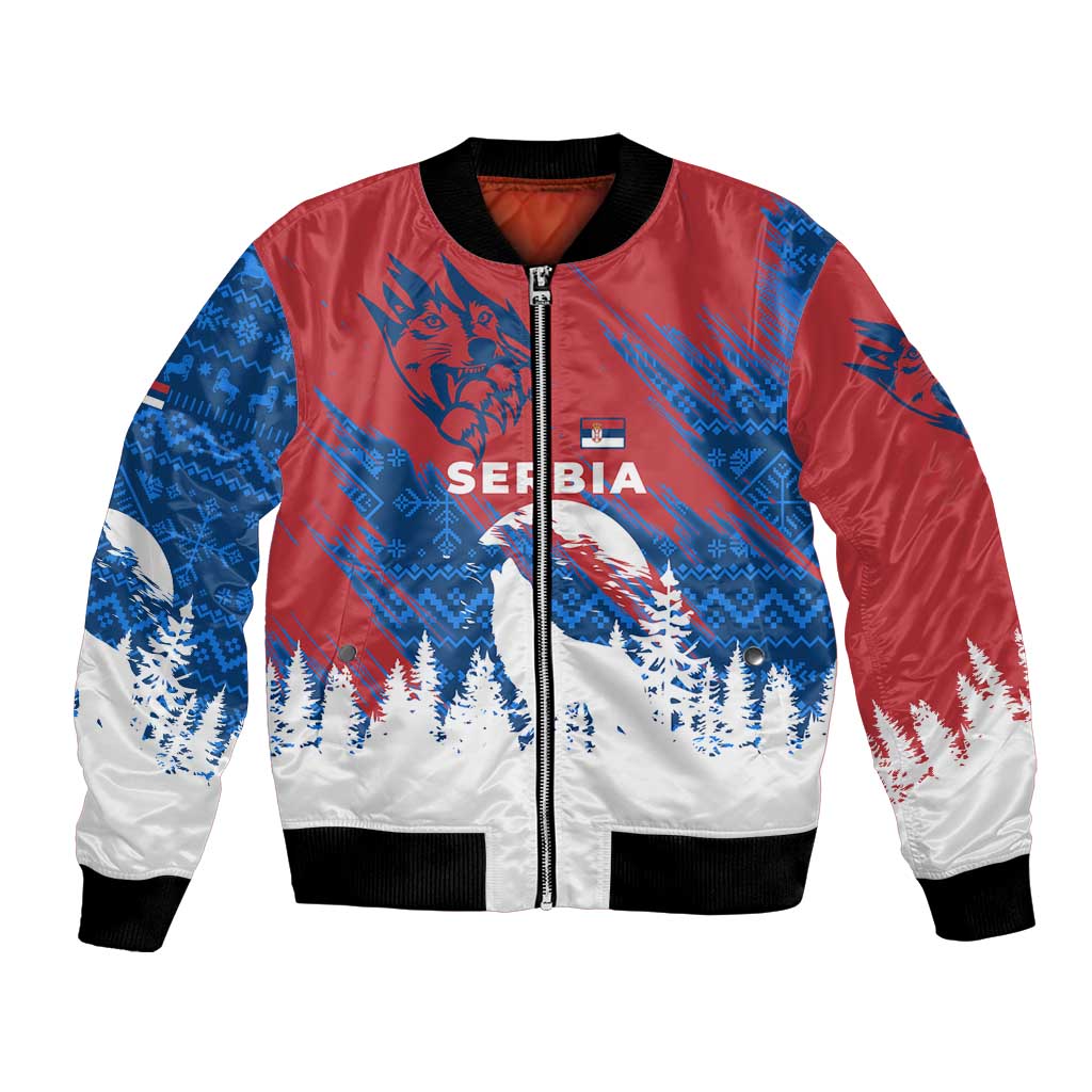 Serbia Christmas Bomber Jacket with Wolf Howling Moon Serbian Flag and Red Blue White Winter Forest Pattern Design - Wonder Print Shop