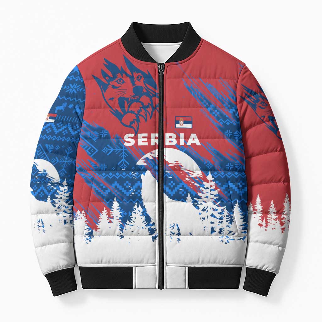 Serbia Christmas Bomber Puffer Jacket with Wolf Howling Moon Serbian Flag and Red Blue White Winter Forest Pattern Design - Wonder Print Shop