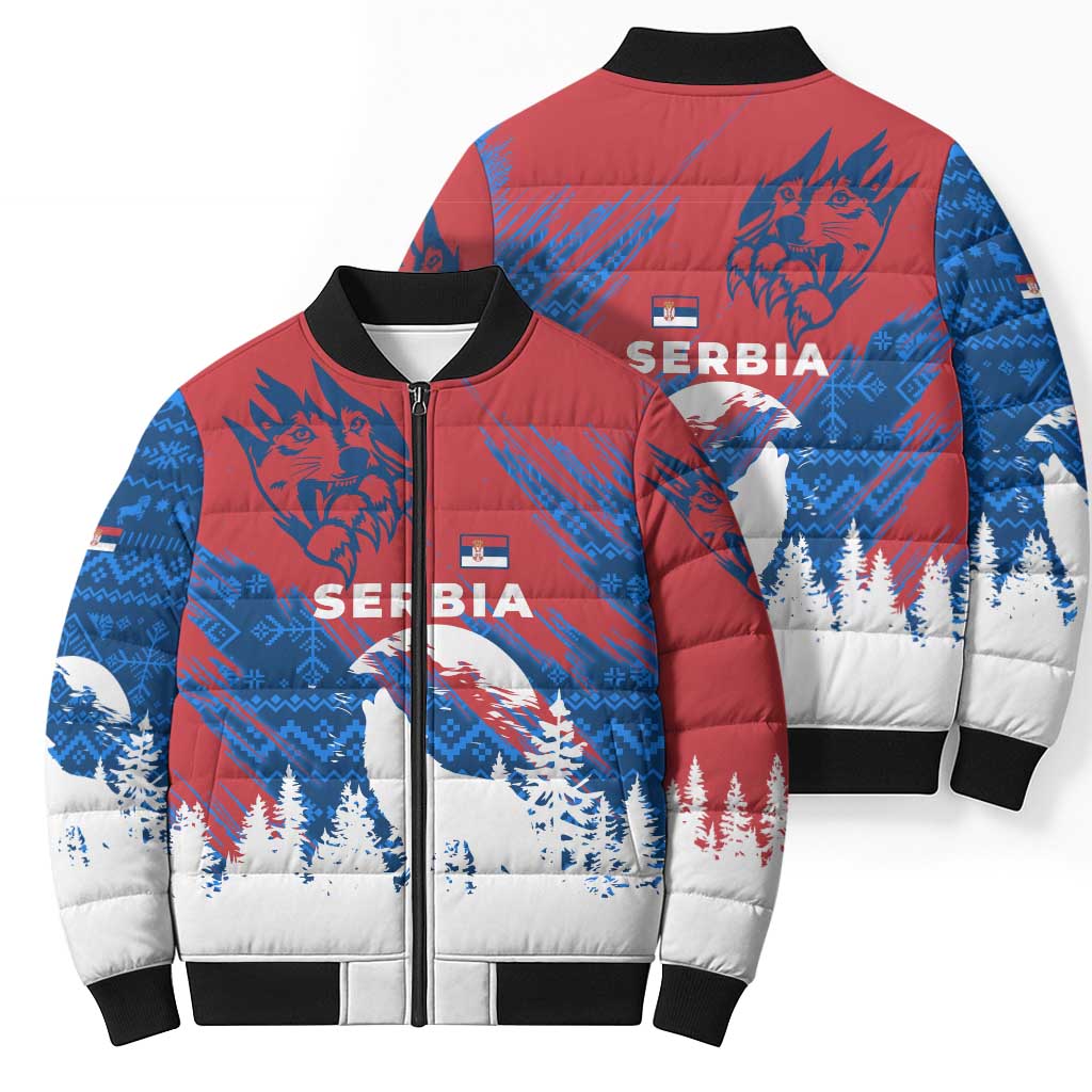 Serbia Christmas Bomber Puffer Jacket with Wolf Howling Moon Serbian Flag and Red Blue White Winter Forest Pattern Design - Wonder Print Shop