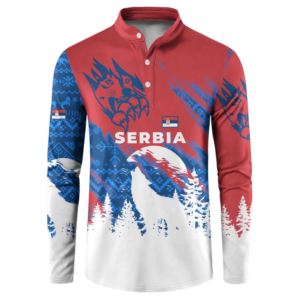 Serbia Christmas Button Sweatshirt with Wolf Howling Moon Serbian Flag and Red Blue White Winter Forest Pattern Design - Wonder Print Shop