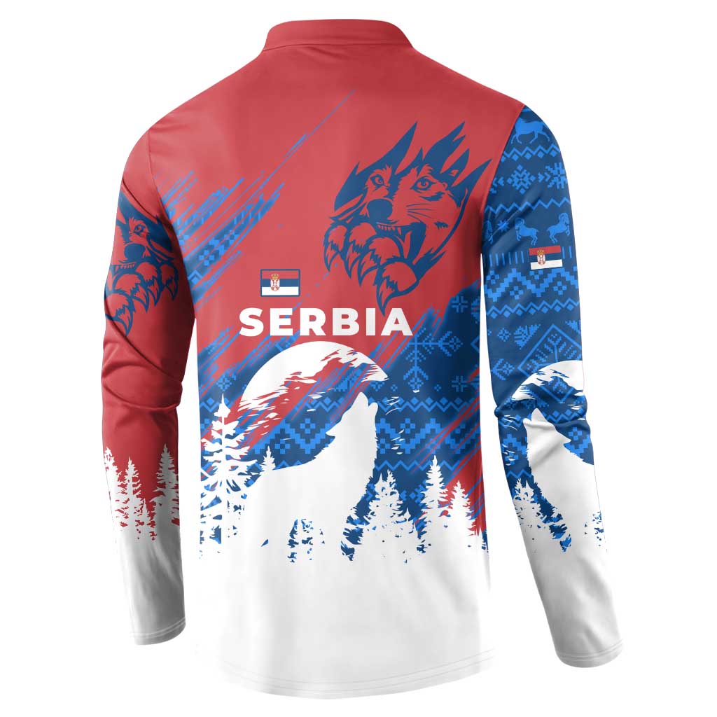 Serbia Christmas Button Sweatshirt with Wolf Howling Moon Serbian Flag and Red Blue White Winter Forest Pattern Design - Wonder Print Shop