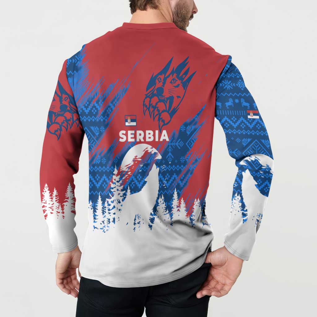 Serbia Christmas Button Sweatshirt with Wolf Howling Moon Serbian Flag and Red Blue White Winter Forest Pattern Design - Wonder Print Shop