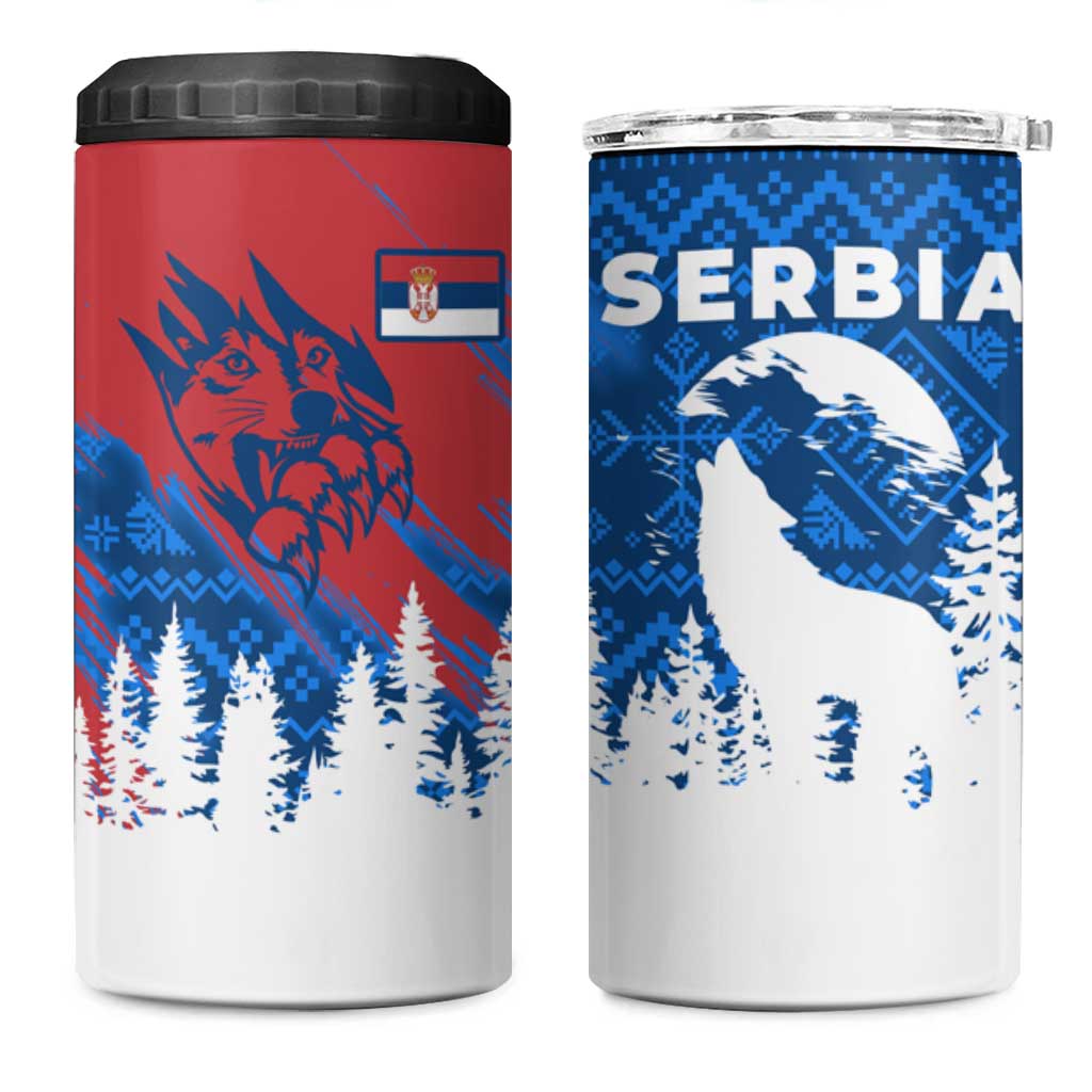 Serbia Christmas 4 in 1 Can Cooler Tumbler with Wolf Howling Moon Serbian Flag and Red Blue White Winter Forest Pattern Design - Wonder Print Shop