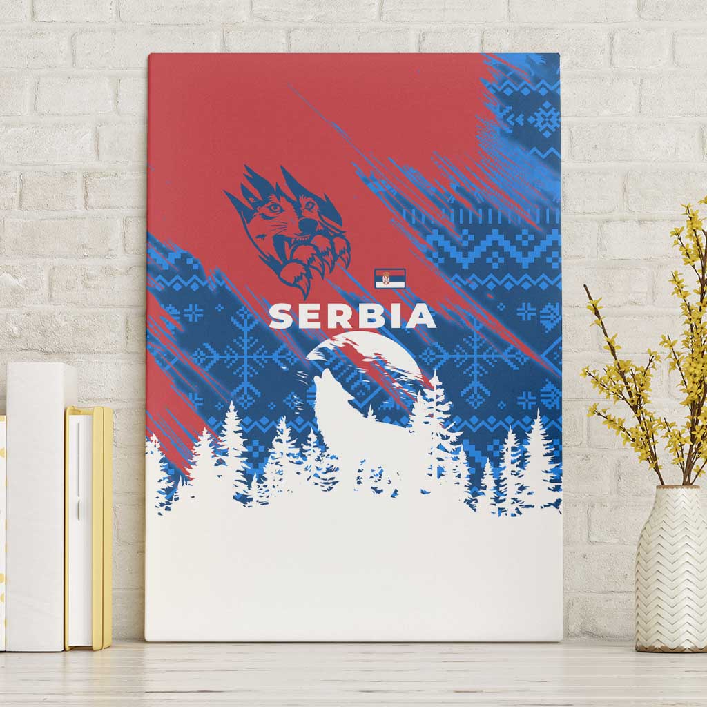 Serbia Christmas Canvas Wall Art with Wolf Howling Moon Serbian Flag and Red Blue White Winter Forest Pattern Design - Wonder Print Shop