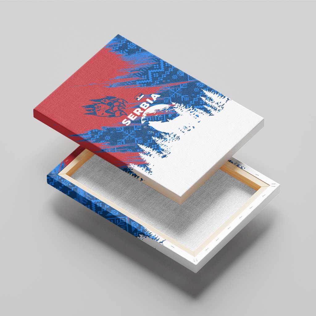 Serbia Christmas Canvas Wall Art with Wolf Howling Moon Serbian Flag and Red Blue White Winter Forest Pattern Design - Wonder Print Shop