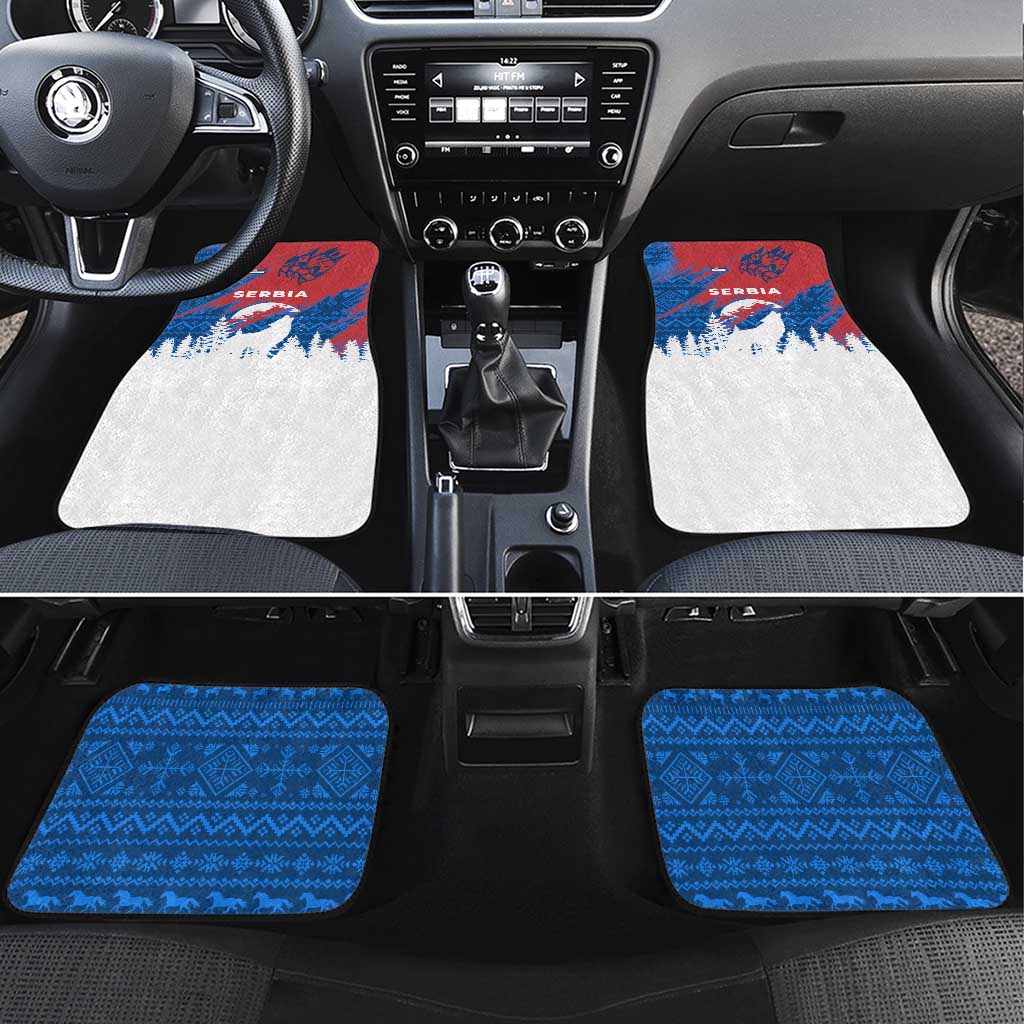 Serbia Christmas Car Mats with Wolf Howling Moon Serbian Flag and Red Blue White Winter Forest Pattern Design - Wonder Print Shop