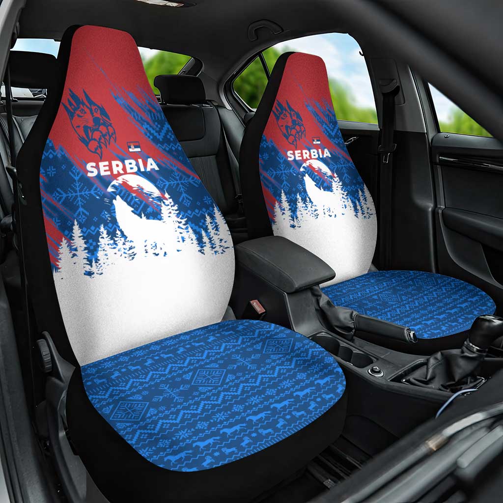 Serbia Christmas Car Seat Cover with Wolf Howling Moon Serbian Flag and Red Blue White Winter Forest Pattern Design - Wonder Print Shop