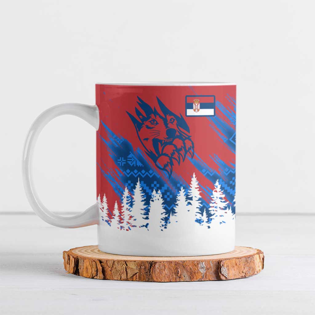 Serbia Christmas Ceramic Mug with Wolf Howling Moon Serbian Flag and Red Blue White Winter Forest Pattern Design - Wonder Print Shop