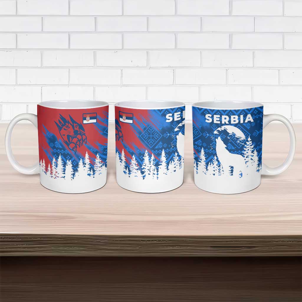 Serbia Christmas Ceramic Mug with Wolf Howling Moon Serbian Flag and Red Blue White Winter Forest Pattern Design - Wonder Print Shop