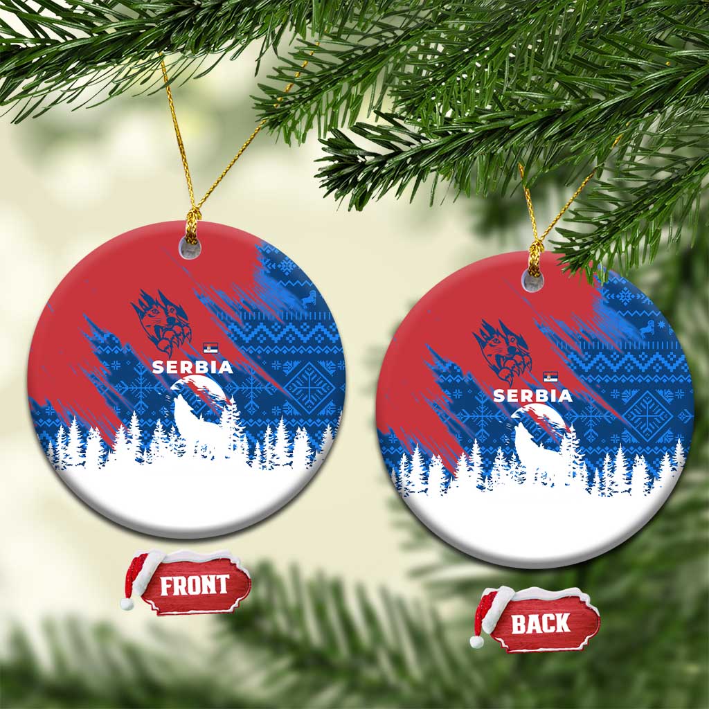 Serbia Christmas Ceramic Ornament with Wolf Howling Moon Serbian Flag and Red Blue White Winter Forest Pattern Design - Wonder Print Shop