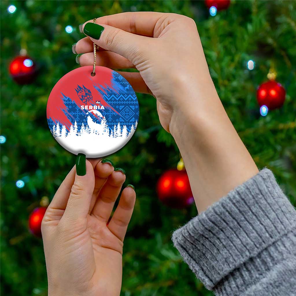 Serbia Christmas Ceramic Ornament with Wolf Howling Moon Serbian Flag and Red Blue White Winter Forest Pattern Design - Wonder Print Shop