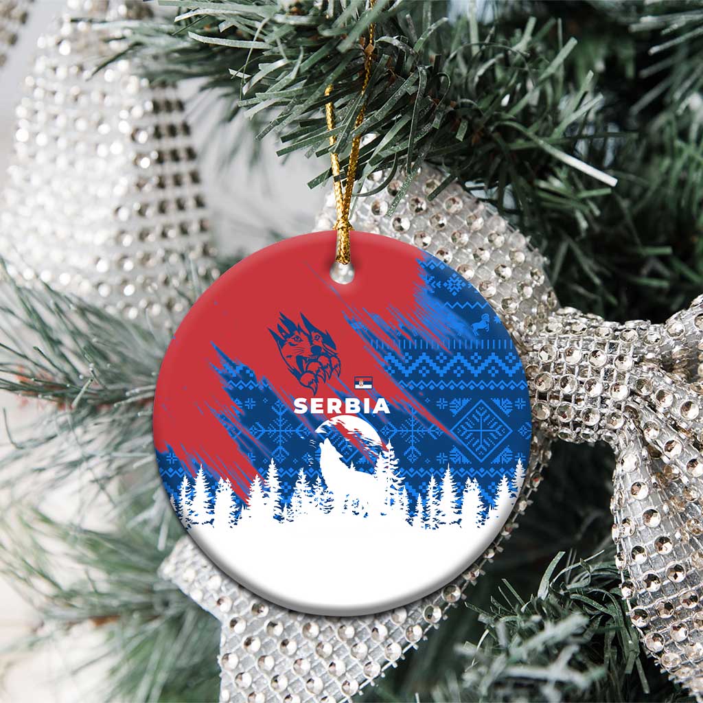 Serbia Christmas Ceramic Ornament with Wolf Howling Moon Serbian Flag and Red Blue White Winter Forest Pattern Design - Wonder Print Shop