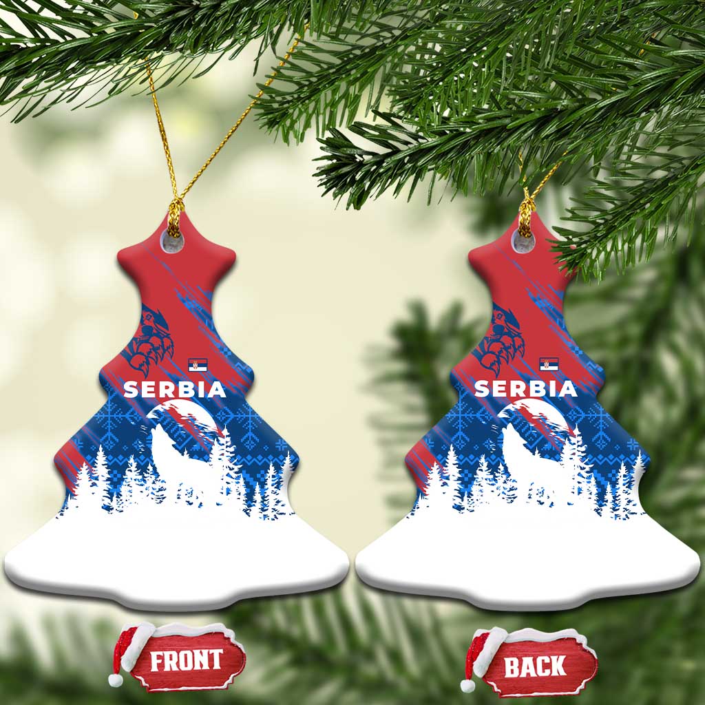Serbia Christmas Ceramic Ornament with Wolf Howling Moon Serbian Flag and Red Blue White Winter Forest Pattern Design - Wonder Print Shop