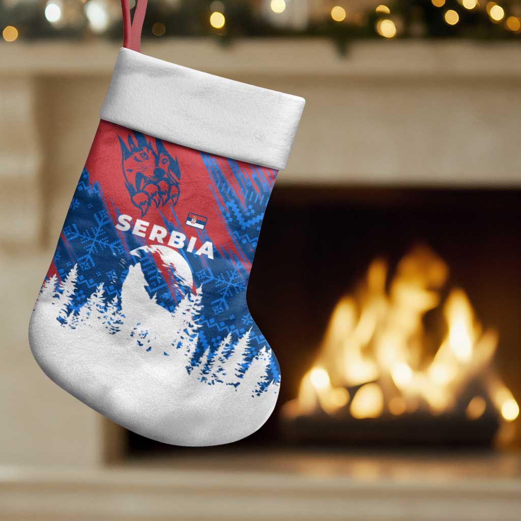 Serbia Christmas Stocking with Wolf Howling Moon Serbian Flag and Red Blue White Winter Forest Pattern Design - Wonder Print Shop