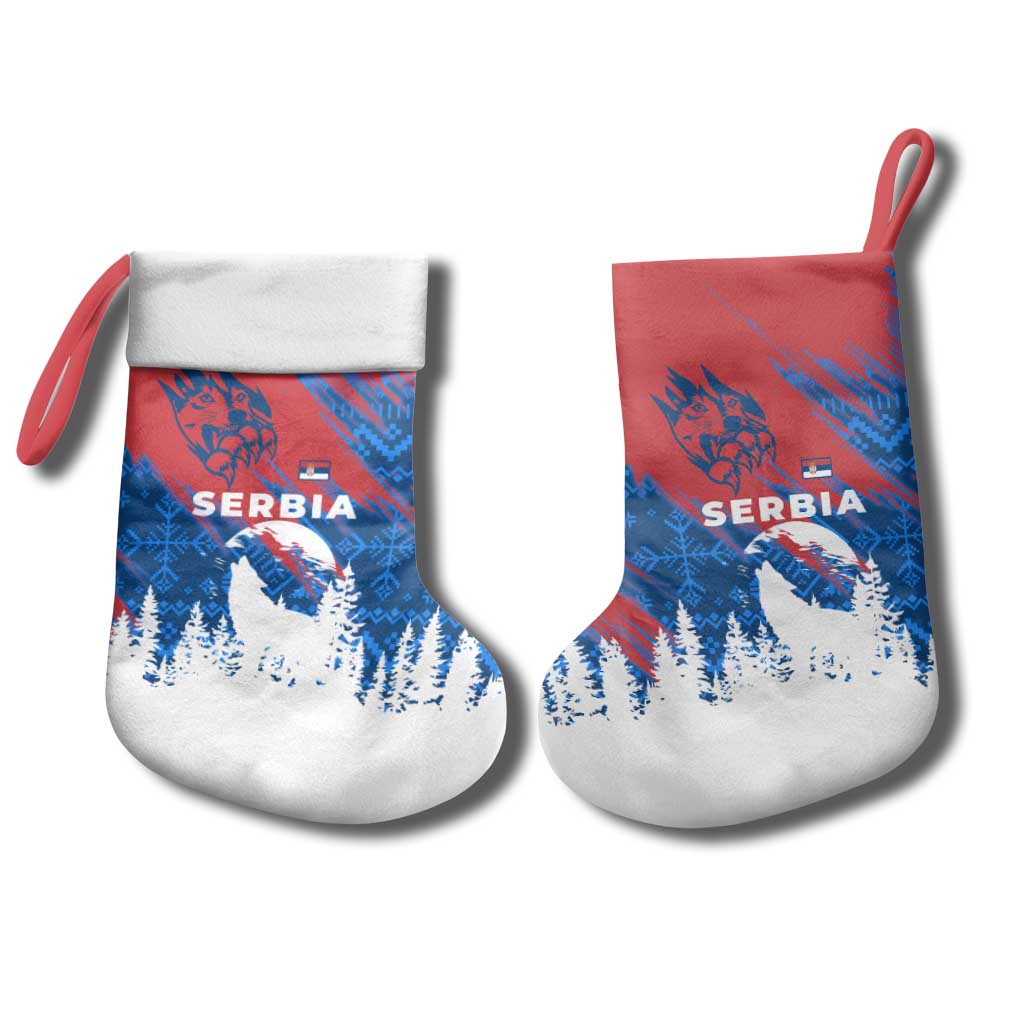 Serbia Christmas Stocking with Wolf Howling Moon Serbian Flag and Red Blue White Winter Forest Pattern Design - Wonder Print Shop