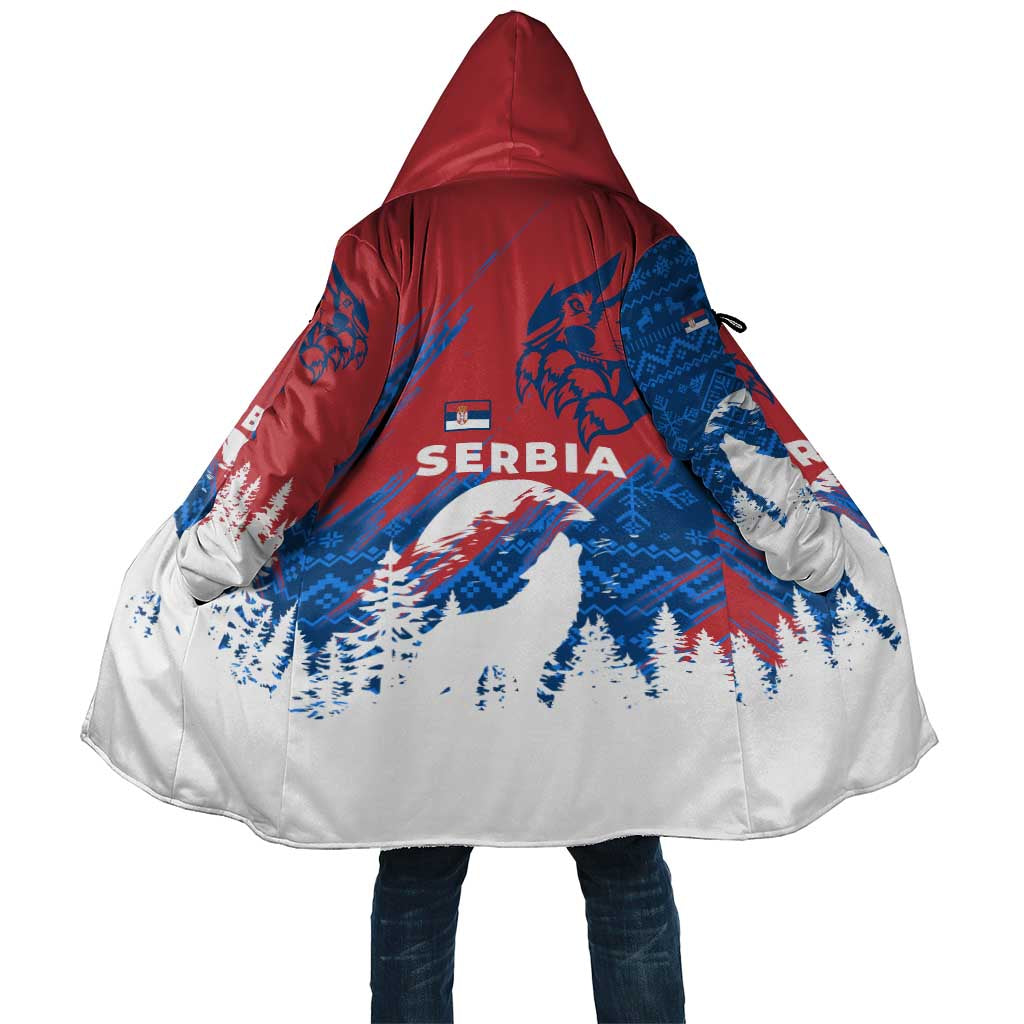 Serbia Christmas Cloak with Wolf Howling Moon Serbian Flag and Red Blue White Winter Forest Pattern Design - Wonder Print Shop