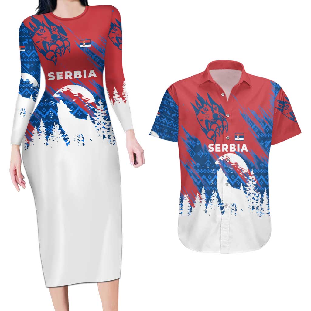 Serbia Christmas Couples Matching Long Sleeve Bodycon Dress and Hawaiian Shirt with Wolf Howling Moon Serbian Flag and Red Blue White Winter Forest Pattern Design - Wonder Print Shop