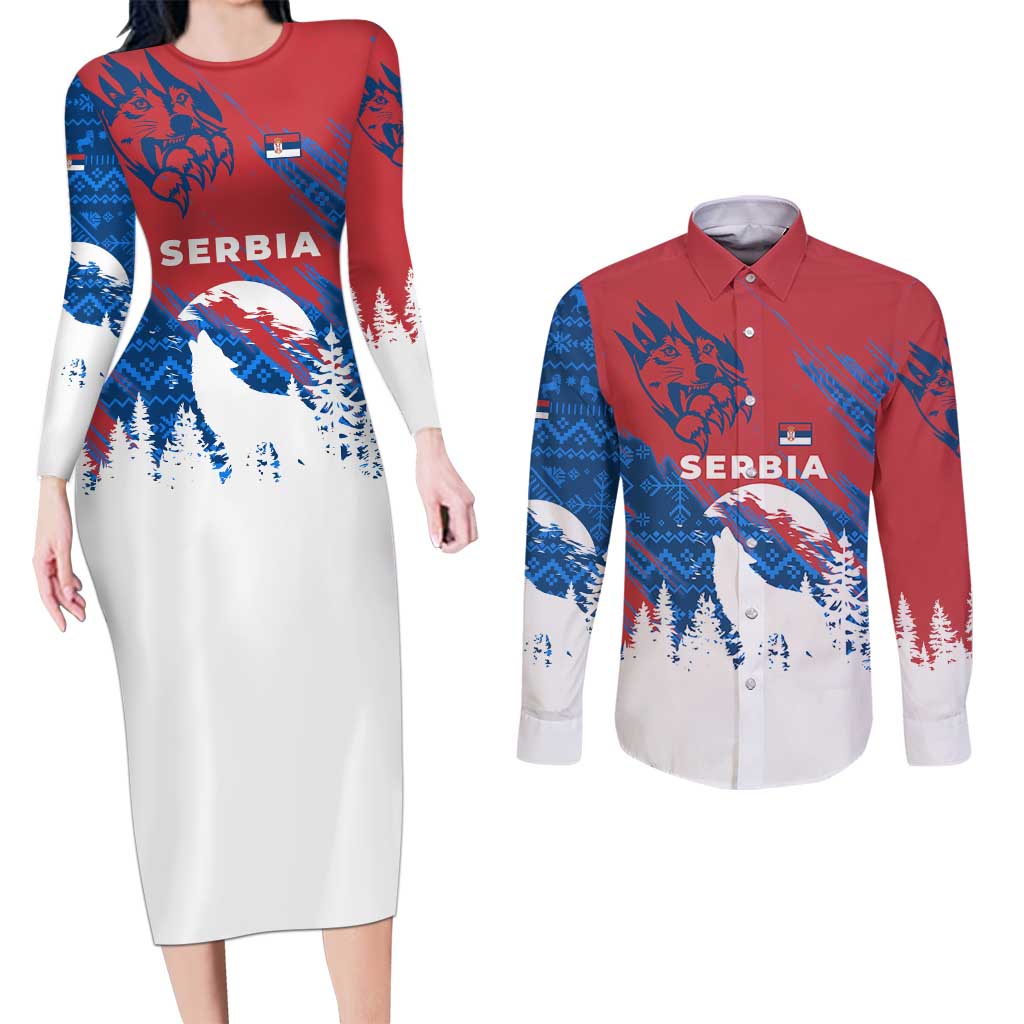 Serbia Christmas Couples Matching Long Sleeve Bodycon Dress and Long Sleeve Button Shirt with Wolf Howling Moon Serbian Flag and Red Blue White Winter Forest Pattern Design - Wonder Print Shop