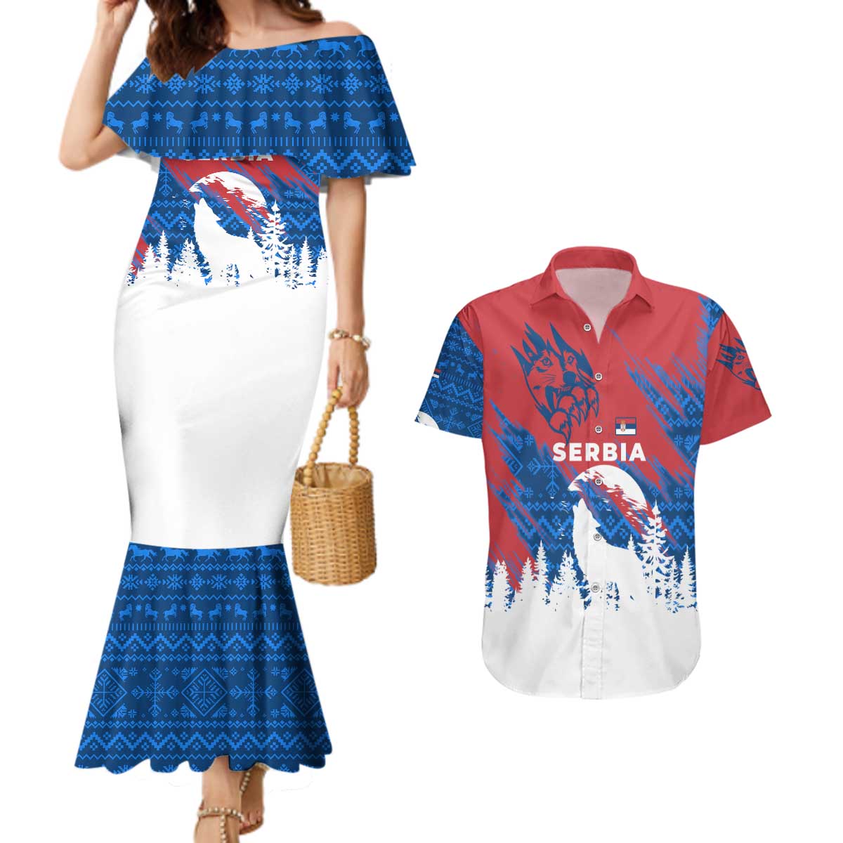 Serbia Christmas Couples Matching Mermaid Dress and Hawaiian Shirt with Wolf Howling Moon Serbian Flag and Red Blue White Winter Forest Pattern Design - Wonder Print Shop