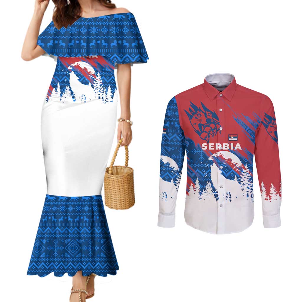 Serbia Christmas Couples Matching Mermaid Dress and Long Sleeve Button Shirt with Wolf Howling Moon Serbian Flag and Red Blue White Winter Forest Pattern Design - Wonder Print Shop