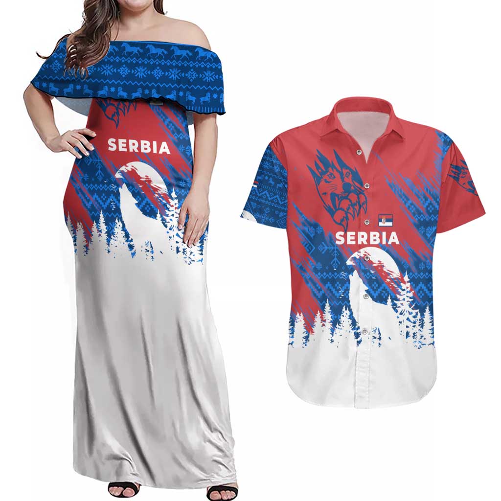 Serbia Christmas Couples Matching Off Shoulder Maxi Dress and Hawaiian Shirt with Wolf Howling Moon Serbian Flag and Red Blue White Winter Forest Pattern Design - Wonder Print Shop