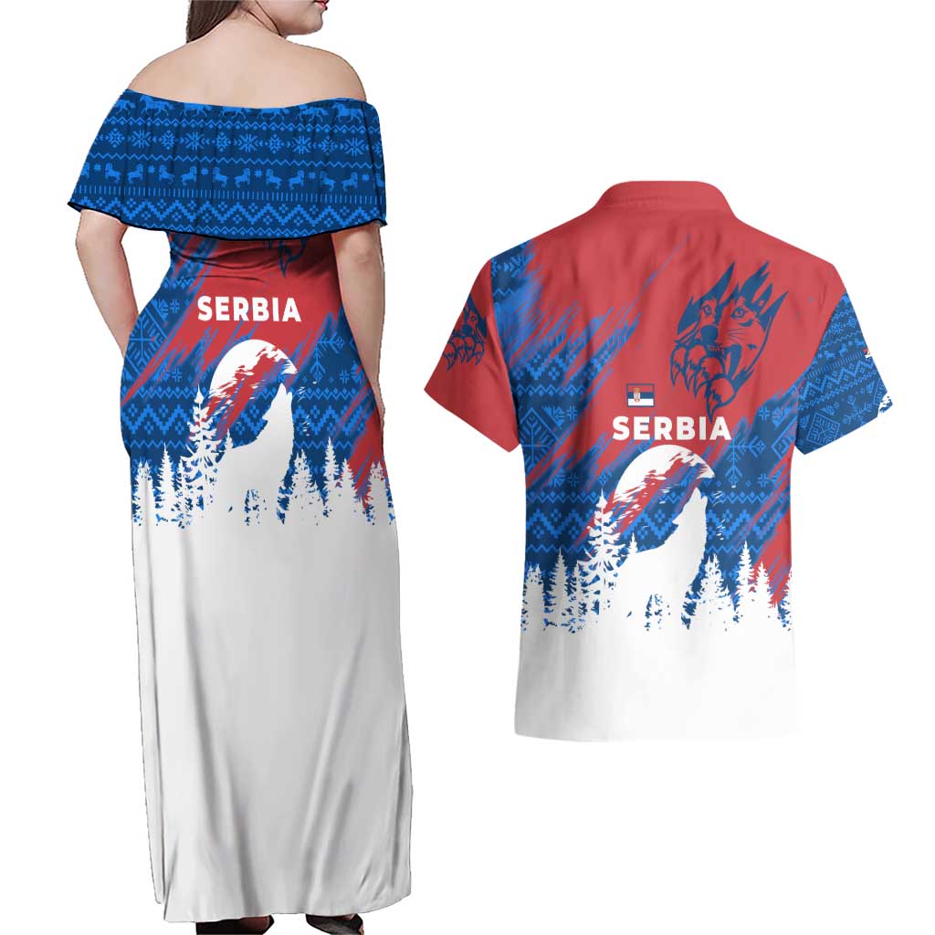 Serbia Christmas Couples Matching Off Shoulder Maxi Dress and Hawaiian Shirt with Wolf Howling Moon Serbian Flag and Red Blue White Winter Forest Pattern Design - Wonder Print Shop